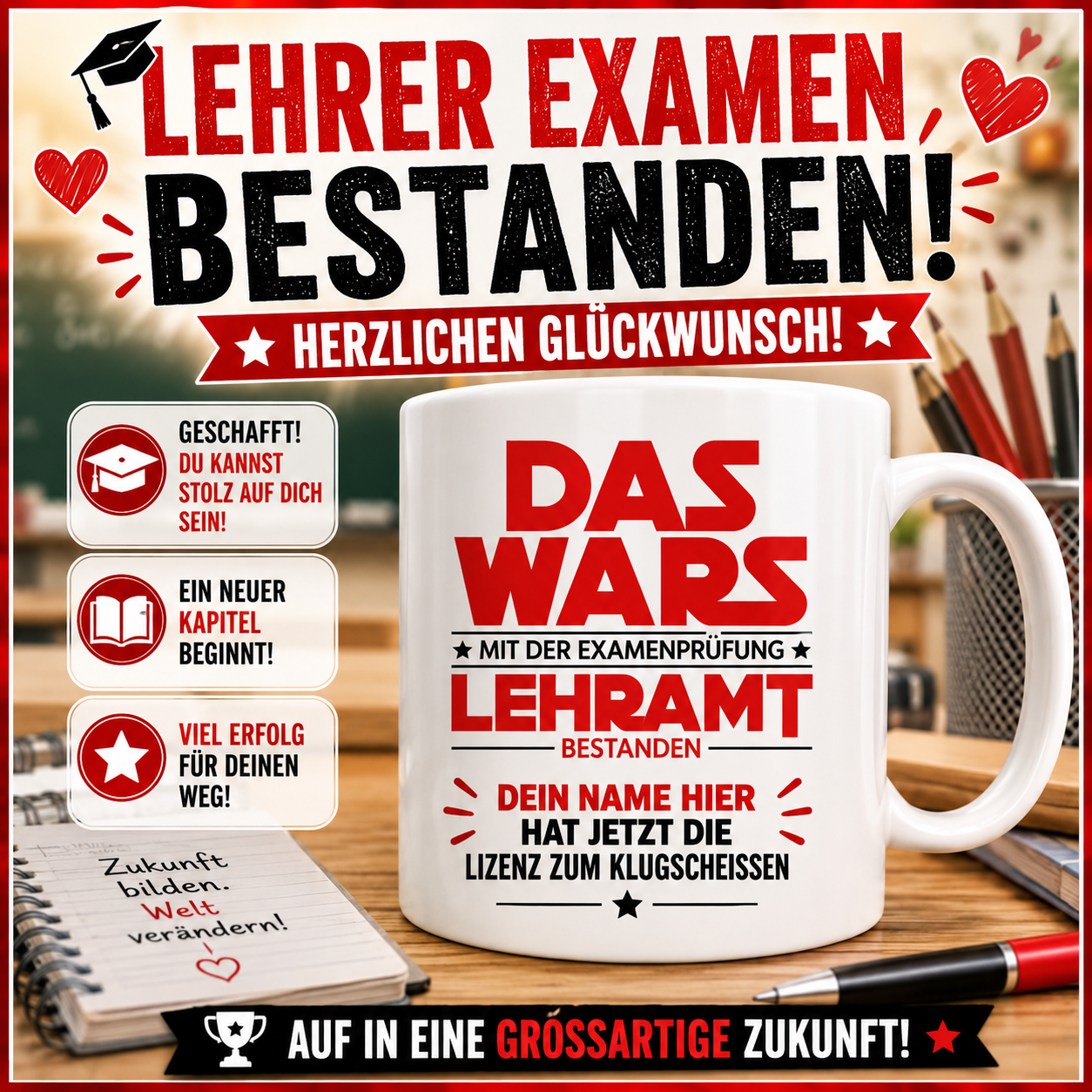 geschenk zum bestandenen examen lehrer + 10 kostenlose glückwünsche. Personalisierte Tasse zum bestandenen Lehramt mit Namen