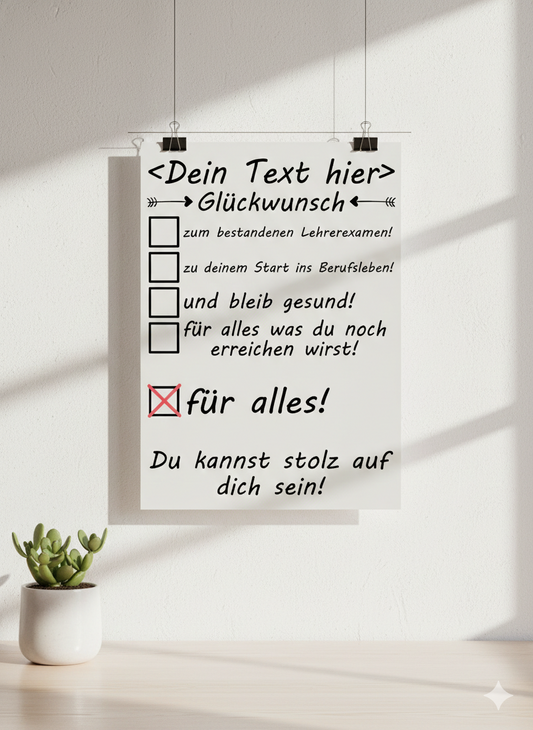 lehrer Staatsexamen bestanden Poster mit Wunschtext, hochwertiger Druck A3, perfekt zum Lehramtsstudium Abschluss