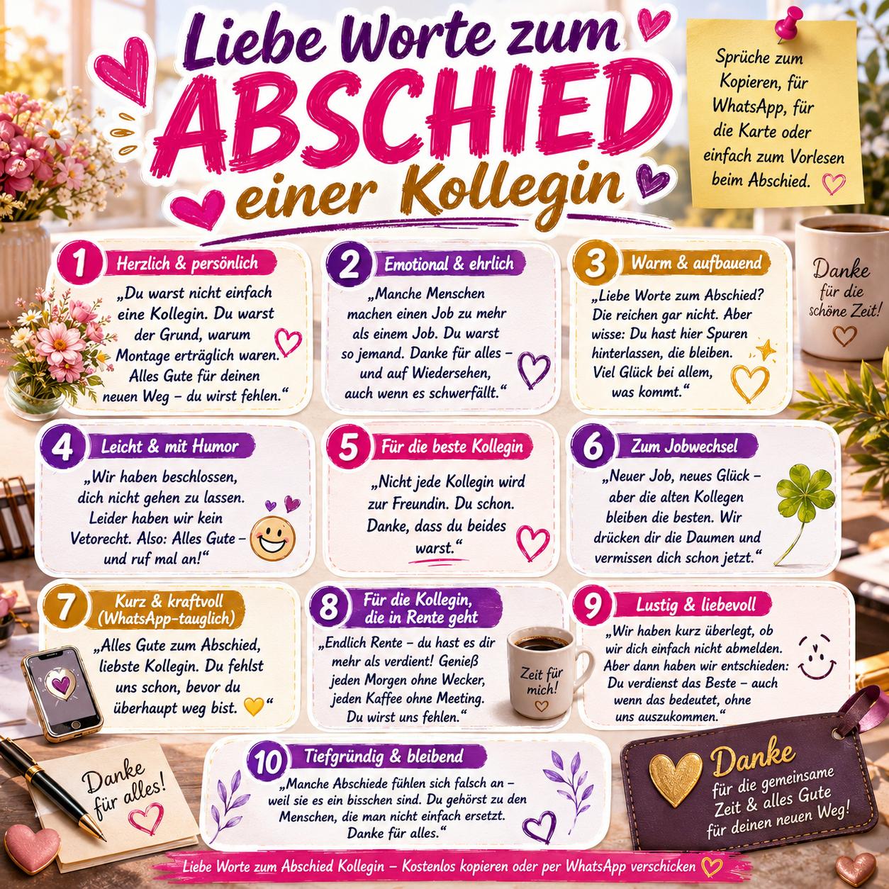 Liebe Worte zum Abschied einer Kollegin wünschen -  Kostenlose Texte für Whatsapp, Mail oder Karte perfekt zum Jobwechsel 