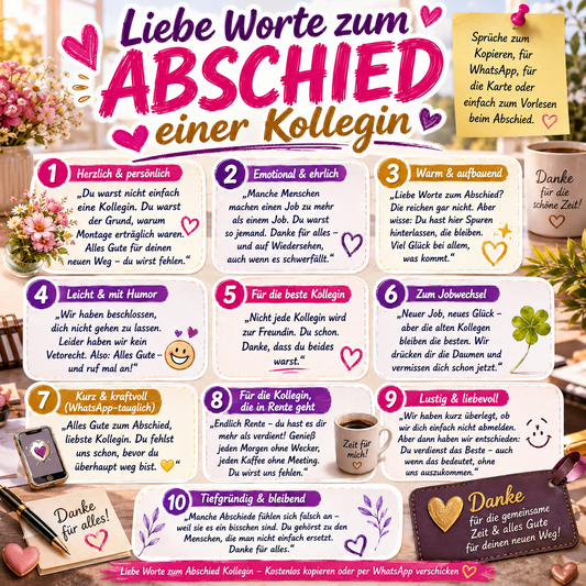 Liebe Worte zum Abschied einer Kollegin wünschen -  Kostenlose Texte für Whatsapp, Mail oder Karte perfekt zum Jobwechsel 