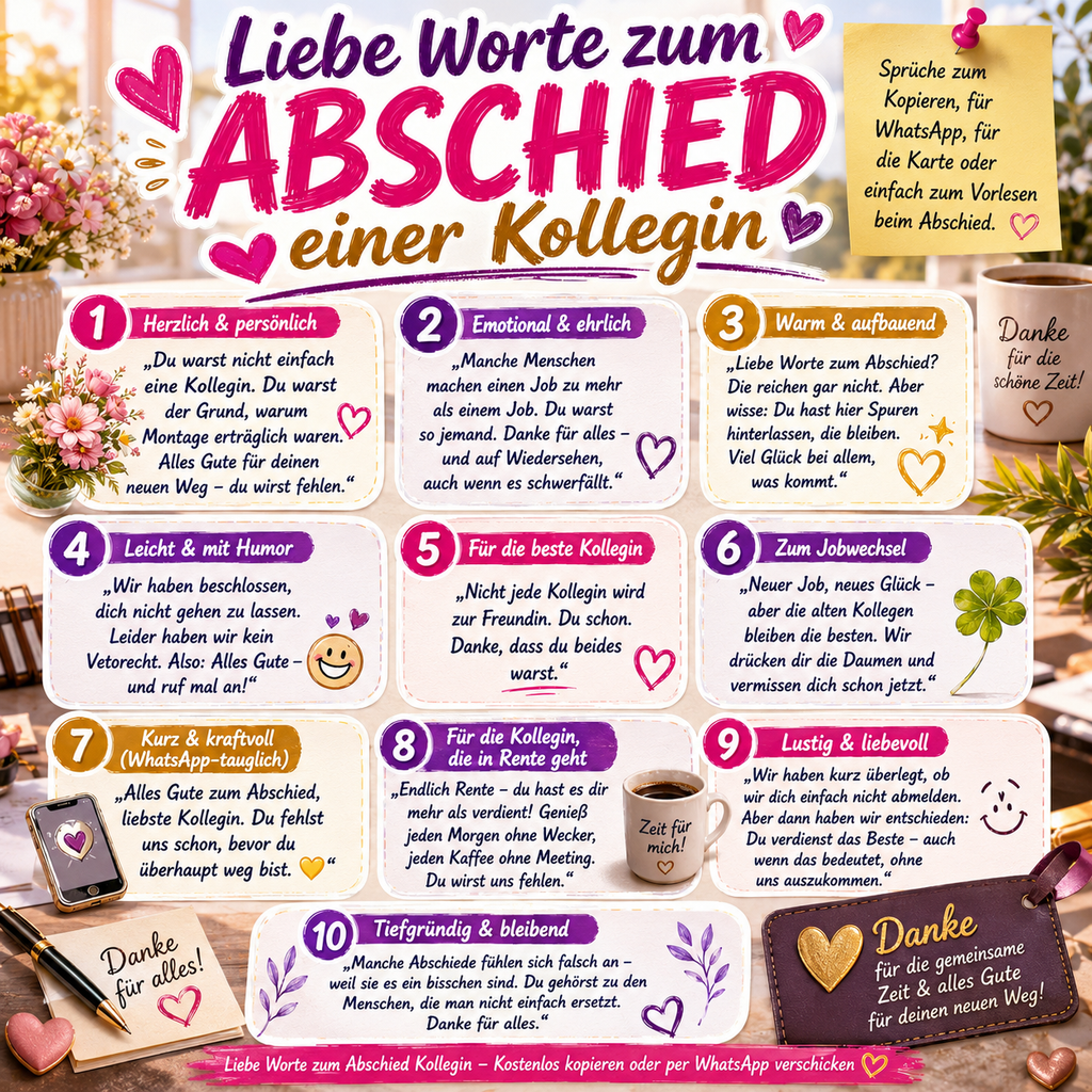 Liebe Worte zum Abschied einer Kollegin wünschen -  Kostenlose Texte für Whatsapp, Mail oder Karte perfekt zum Jobwechsel 