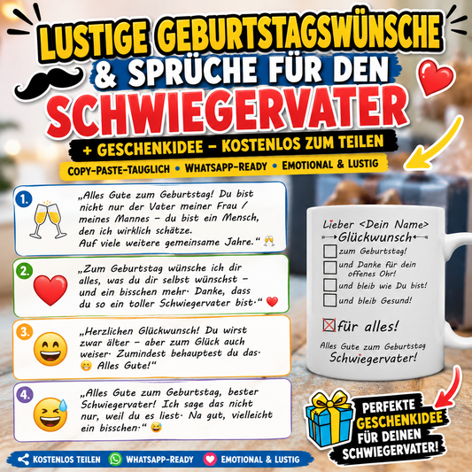 Lustige Geburtstagswünsche &amp; Sprüche für den Schwiegervater in spe + Geschenkidee – kostenlos zum Teilen" ,Copy-paste-tauglich · WhatsApp-ready · emotional