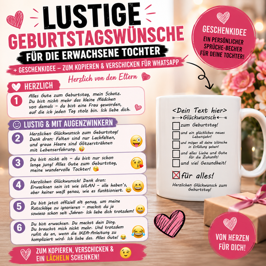 Lustige Geburtstagswünsche für die erwachsene Tochter + Geschenkidee – zum Kopieren & Verschicken für Whatsapp von der Mutter oder Vater