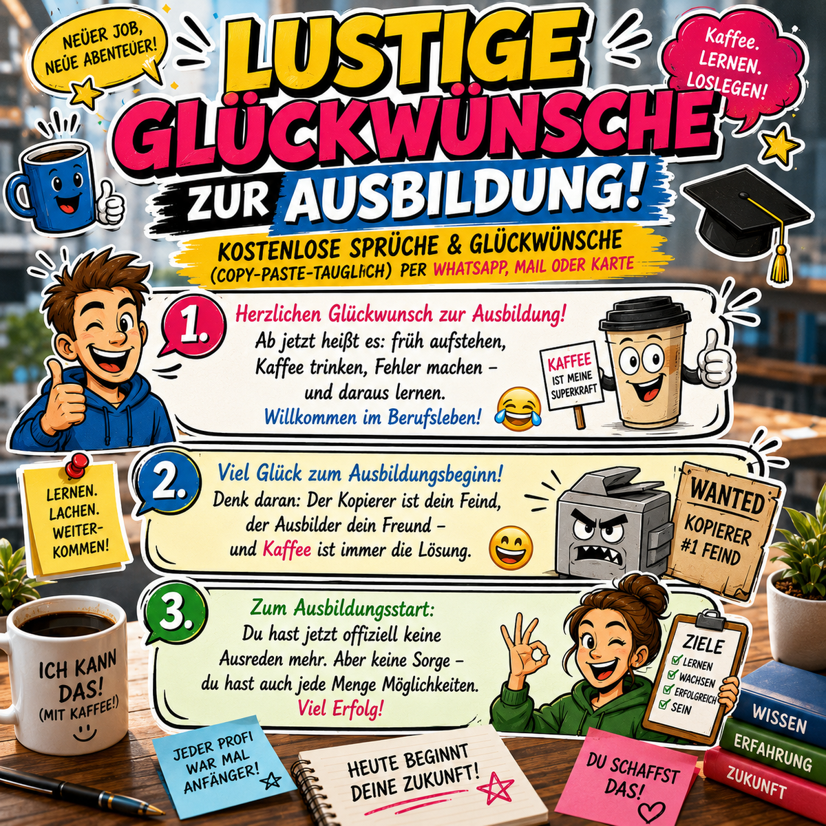 Lustige Sprüche und Glückwünsche zum Ausbildungsbeginn für Azubis