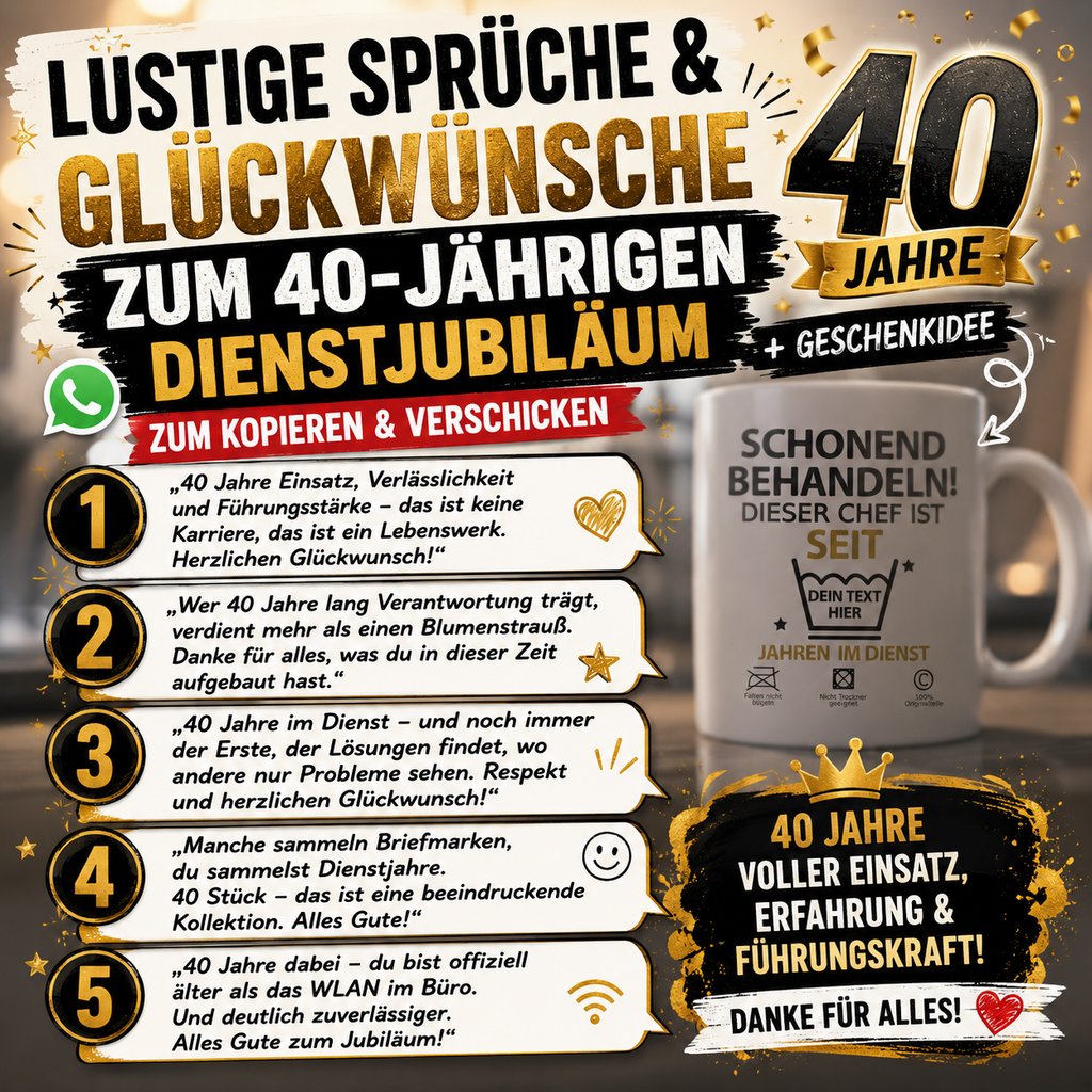 Lustige Sprüche &amp; Glückwünsche zum 40-jährigen Dienstjubiläum mit Geschenkidee eine Tasse für den Chef.zum Kopieren &amp; Verschicken per Whatsapp oder Karte