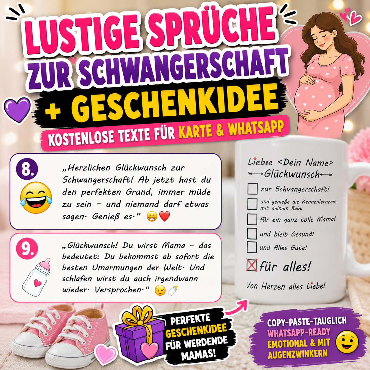 Kurze Lustige Sprüche zur Schwangerschaft + Geschenkidee" , Kostenlose Texte für Karte und Whatsapp. Geeignet für die Freundin, Leherin oder zur 2. Schwangerschaft