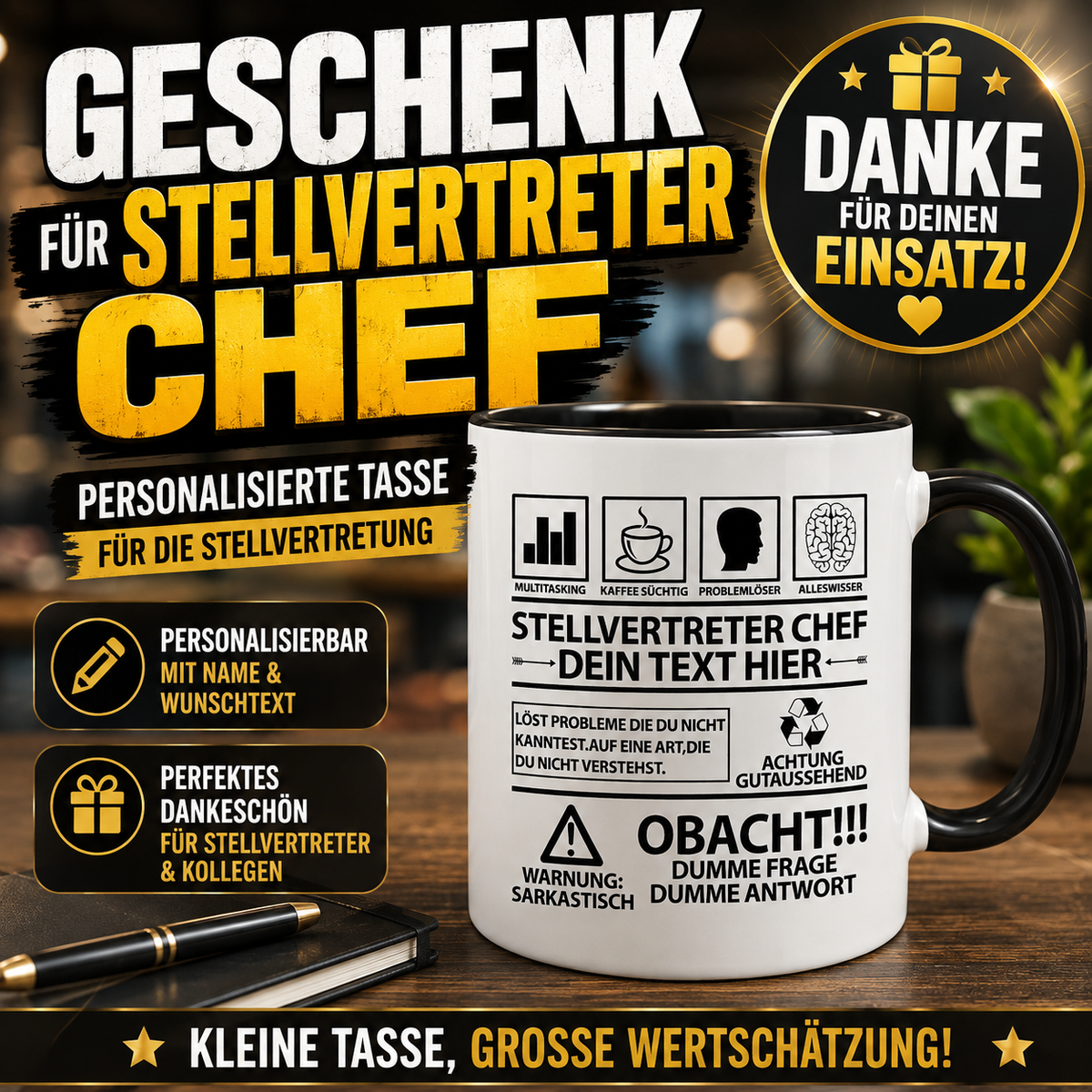 Weiße personalisierte Tasse für Stellvertreter Chef mit individuellem Wunschtext und lustigem Warnschild-Design. Originelles Geschenk für Stellvertretung, Teamleiter oder stellvertretenden Chef im Büro.