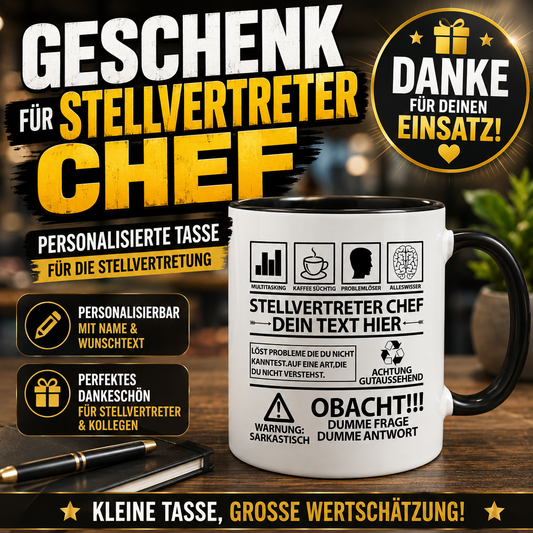 Weiße personalisierte Tasse für Stellvertreter Chef mit individuellem Wunschtext und lustigem Warnschild-Design. Originelles Geschenk für Stellvertretung, Teamleiter oder stellvertretenden Chef im Büro.