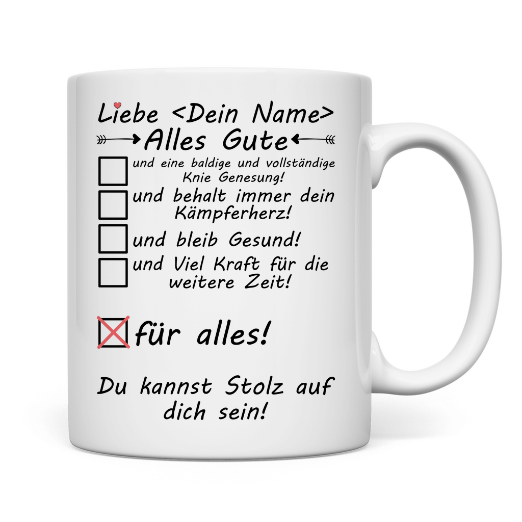 Personalisierte Kaffeetasse zur Genesung nach Knie-OP – Geschenk mit Namen
