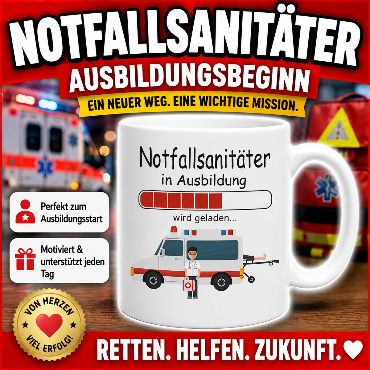 Tasse mit Notfallsanitäter-Motiv als Geschenk zum Ausbildungsbeginn oder als originelle Geschenkidee für angehende Notfallsanitäter.