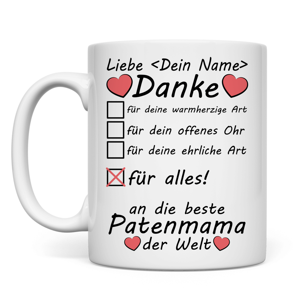 Weisse personalisierte Keramiktasse mit Namen fuer Patenmama als Geschenk zur Taufe