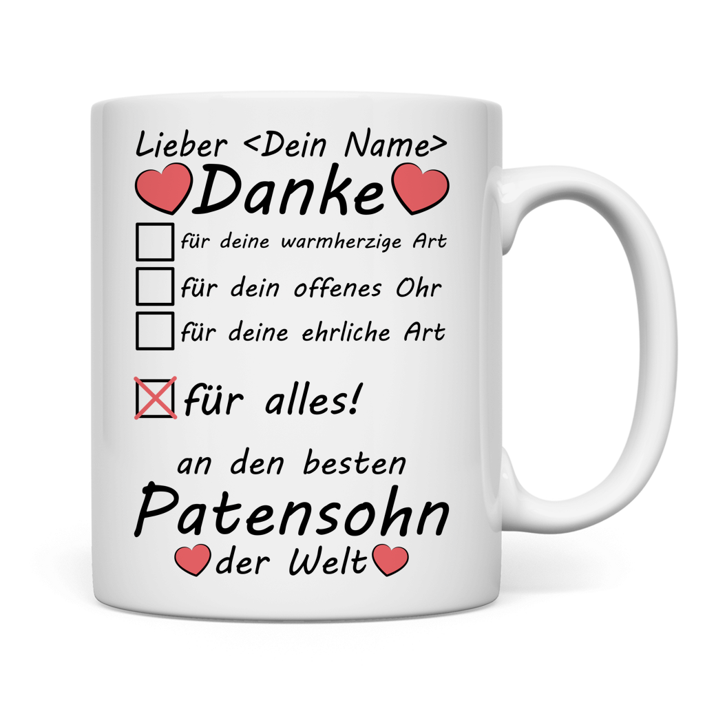 Weisse Keramiktasse fuer Patensohn mit Danke Aufschrift, perfekt fuer Geburtstag Taufe Konfirmation Weihnachten und besondere Anlaesse