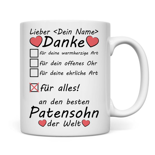 Weisse Keramiktasse fuer Patensohn mit Danke Aufschrift, perfekt fuer Geburtstag Taufe Konfirmation Weihnachten und besondere Anlaesse