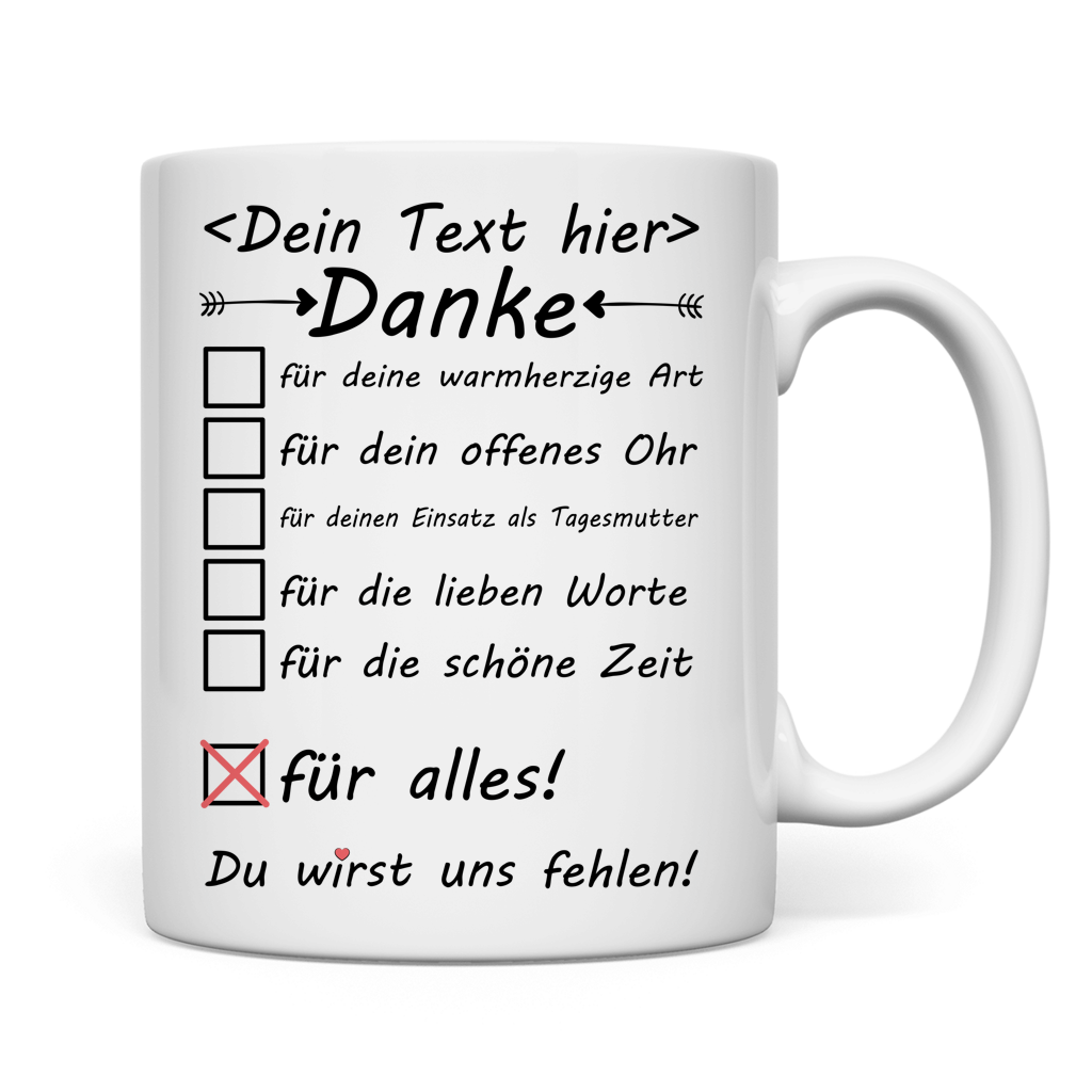Persoenliches Geschenk fuer Tagesmutter mit herzlicher Danke-Botschaft auf hochwertiger Tasse ideal zum Abschied nach langjähriger Kinderbetreuung mit C-Henkel und Premium-Keramik