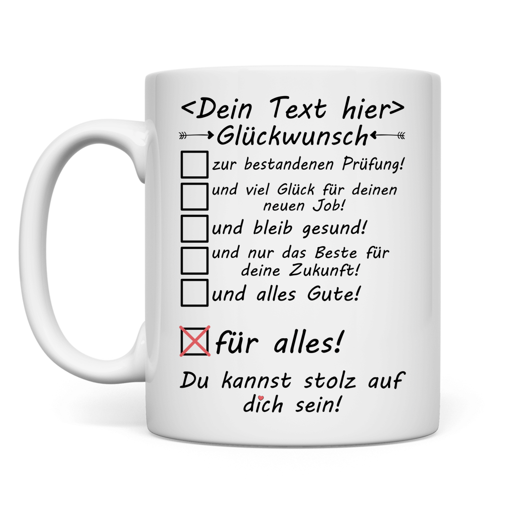 Weisse Keramiktasse mit individuellem Namen fuer Kollegin zur bestandenen Pruefung als Glueckwunsch im Buero
