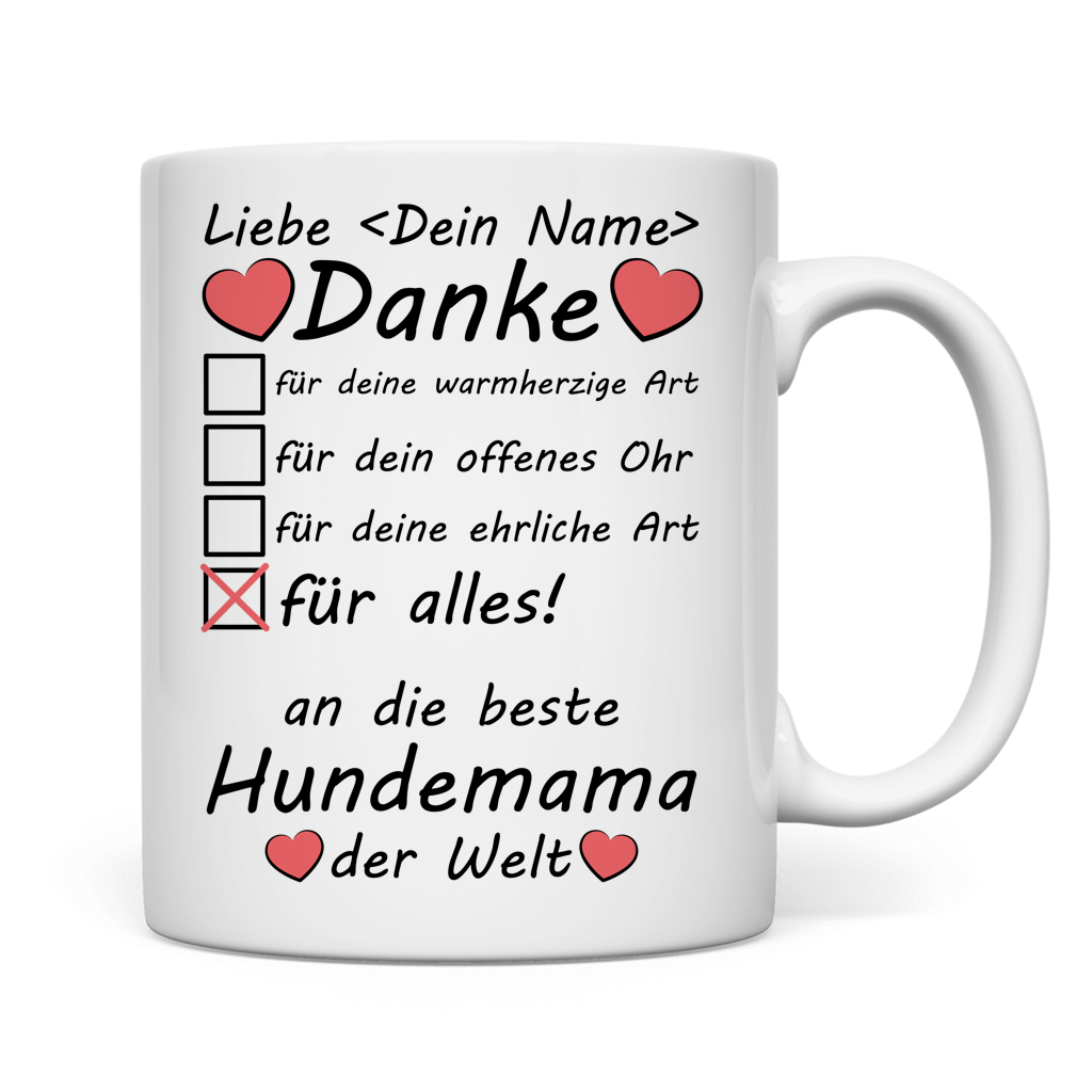 Weisse Tasse mit Hundemama-Aufdruck und individuellem Namen, hochwertige Keramik, perfektes Dankeschoen-Geschenk fuer Hundeliebhaber zu besonderen Anlaessen