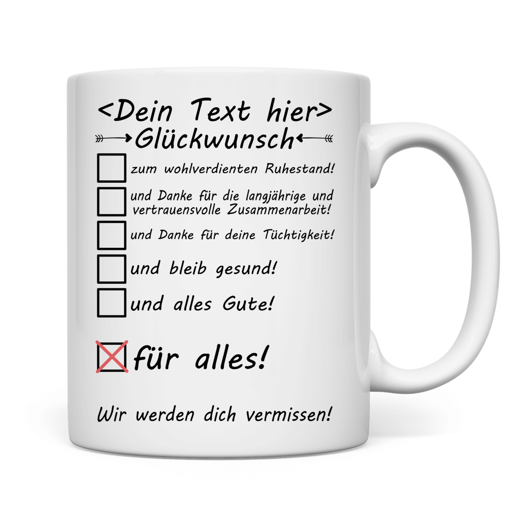 Hochwertige Keramiktasse beidseitig bedruckt mit individuellem Namen, Geschenk Kollegin Renteneintritt, Ruhestand, Verabschiedung