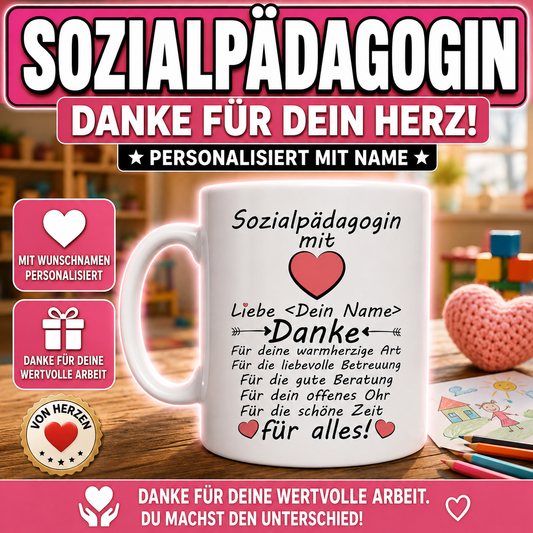 Personalisierte Tasse für Sozialpädagogin mit Wunschname. Liebevolles Danke-Geschenk für Sozialpädagoginnen im Praktikum, zum Abschied oder als Dankeschön für Betreuung, Beratung und Unterstützung.