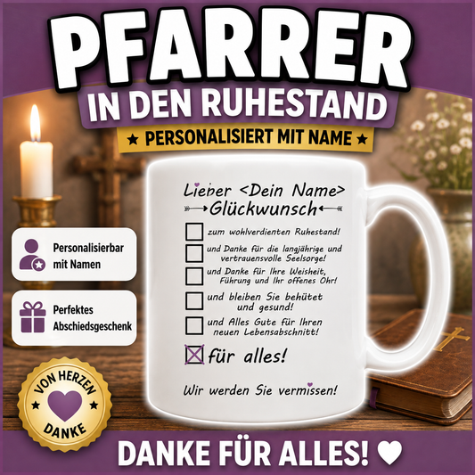 Personalisierte Tasse als Geschenk zur Verabschiedung eines Pfarrers in den Ruhestand mit Glückwunsch, Dankeschön und individuellem Namen