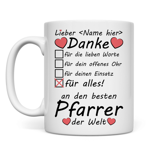  Weisse Keramiktasse fuer evangelischen Pfarrer mit Danke Motiv, ideales Abschiedsgeschenk zum Ruhestand, Geburtstag oder zur Verabschiedung in neue Gemeinde