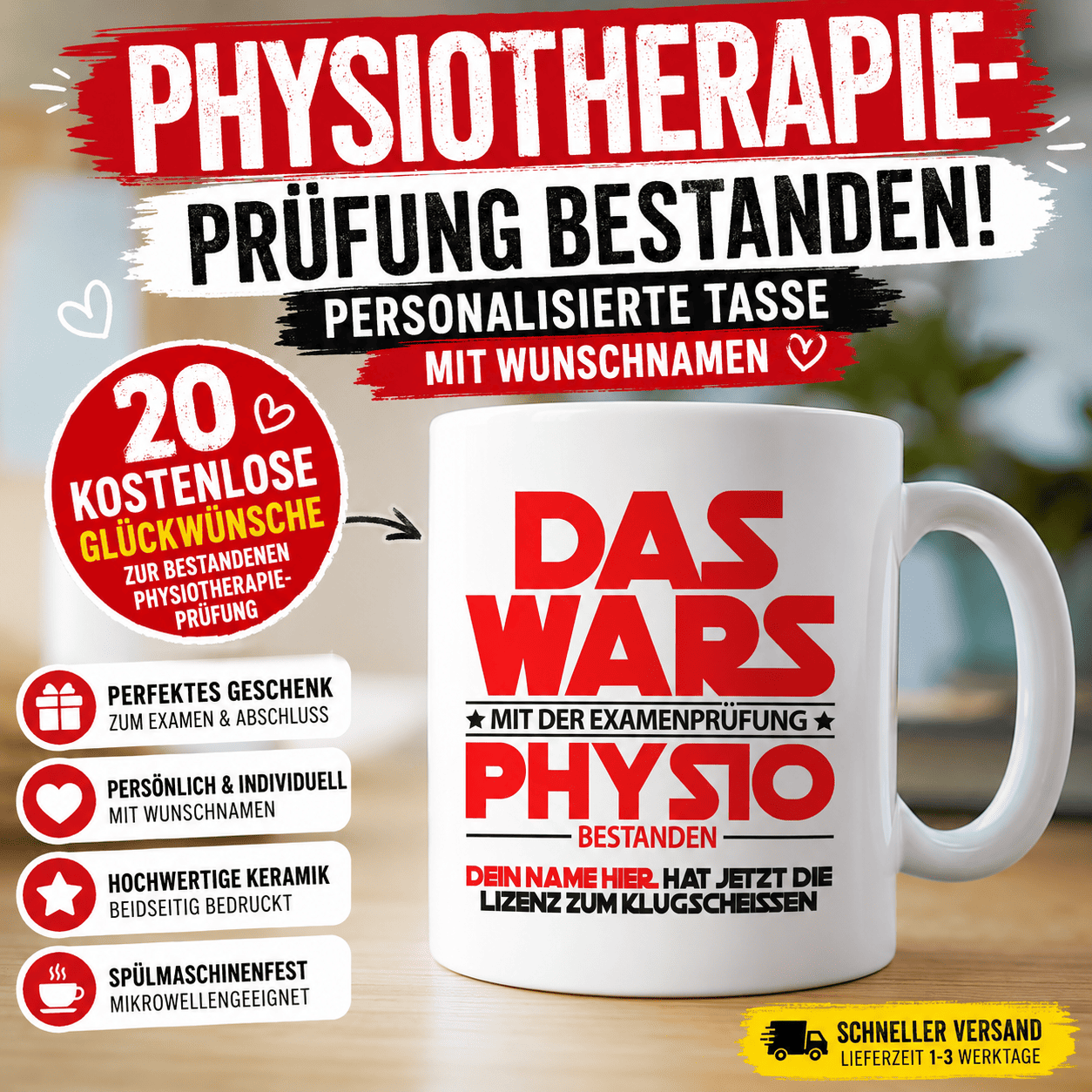 Physiotherapie-Prüfung bestanden Personalisierte Tasse mit Wunschnamen+ 20 Kostenlose Glückwünsche zur bestandenen Physiotherapie-Prüfung