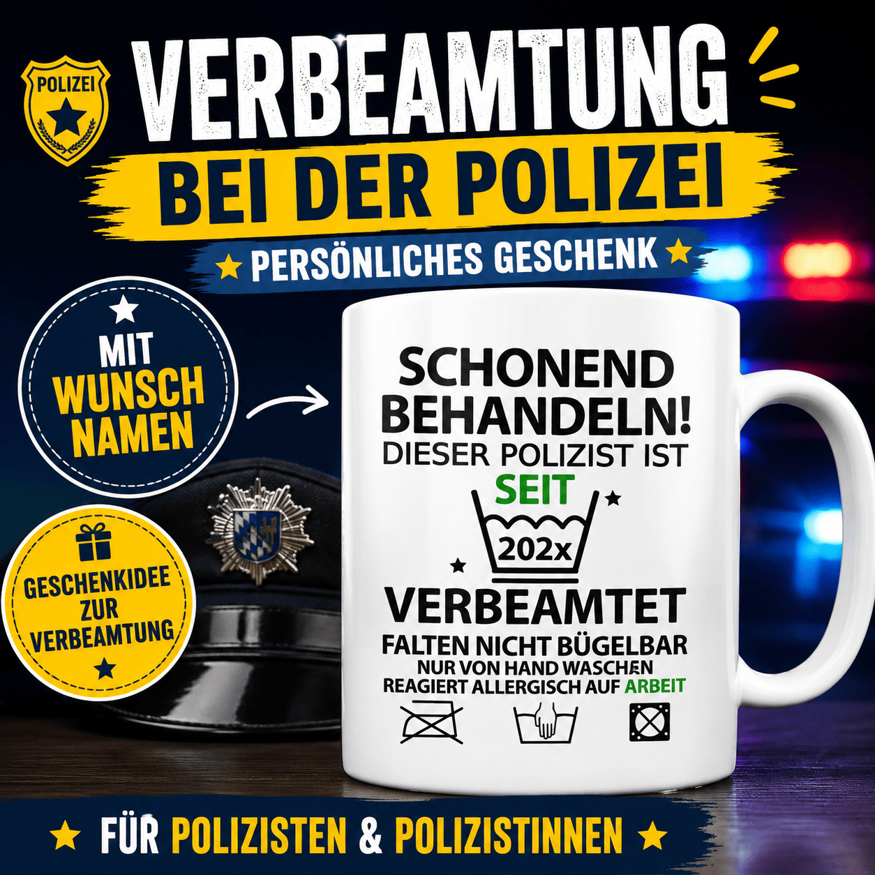 Geschenk zur Verbeamtung bei der Polizei – persönlich und individuell.  personalisierte Tasse mit Namen für Polizisten und Polizistinnen