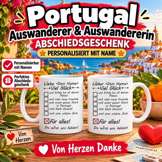 Personalisierte Portugal-Abschiedstassen als Geschenk für Auswanderer mit Wunschnamen und herzlichen Glückwünschen zum Neustart in Portugal – liebevolle Abschiedsgeschenkidee für Freunde und Familie.