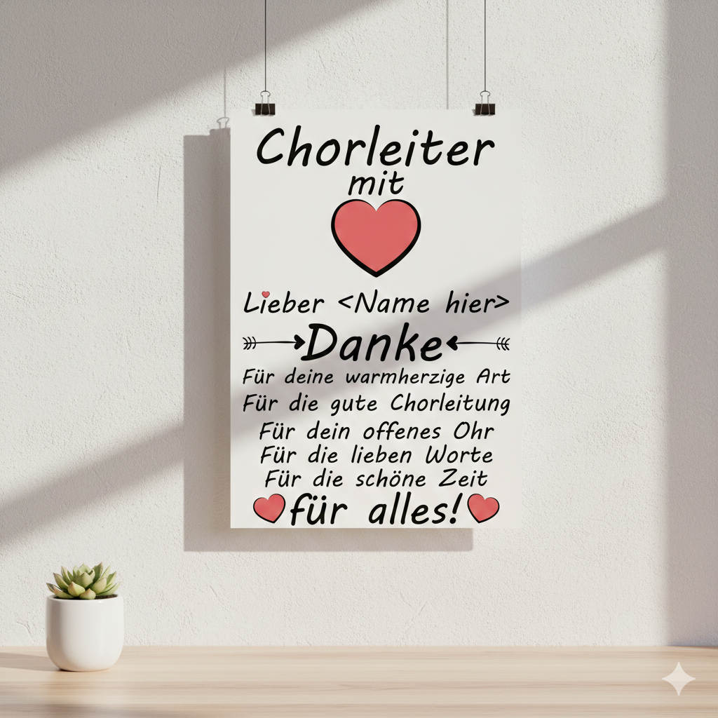 ersonalisiertes Poster als Geschenk fuer Chorleiter als Dankeschoen fuer langjährige Chorleitung, Fine-Art-Print in Galeriequalitaet mit seidenmattem Finish und randlosem 13-Farben-Digitaldruck auf 180 Gramm Papier, individuell gestaltbar mit Wunschnamen, perfekt fuer Choere, Gesangsvereine und Musikschulen als Anerkennung fuer musikalische Hingabe und besondere Erfolge.