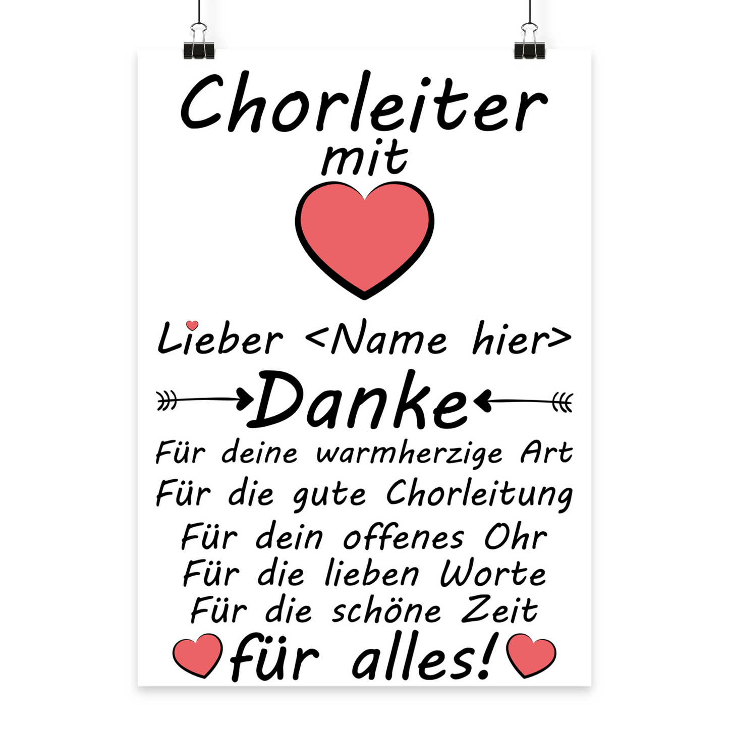ersonalisiertes Poster als Geschenk fuer Chorleiter mit der Aufschrift Chorleiter mit Herz Danke fuer alles im Format A3 hoch, ideal zum Abschied nach Konzertsaison, zum Geburtstag oder als Dankeschoen 