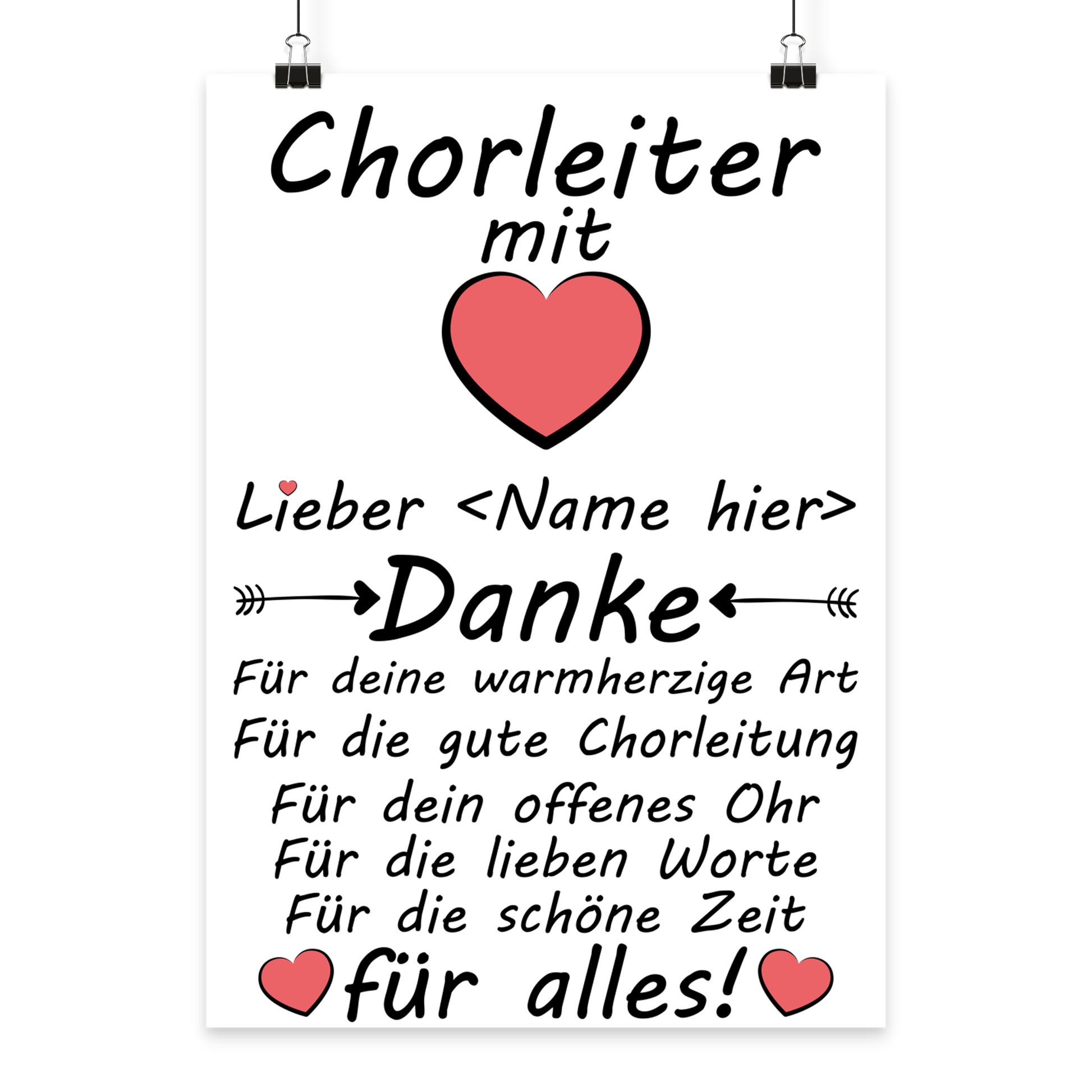 ersonalisiertes Poster als Geschenk fuer Chorleiter mit der Aufschrift Chorleiter mit Herz Danke fuer alles im Format A3 hoch, ideal zum Abschied nach Konzertsaison, zum Geburtstag oder als Dankeschoen 