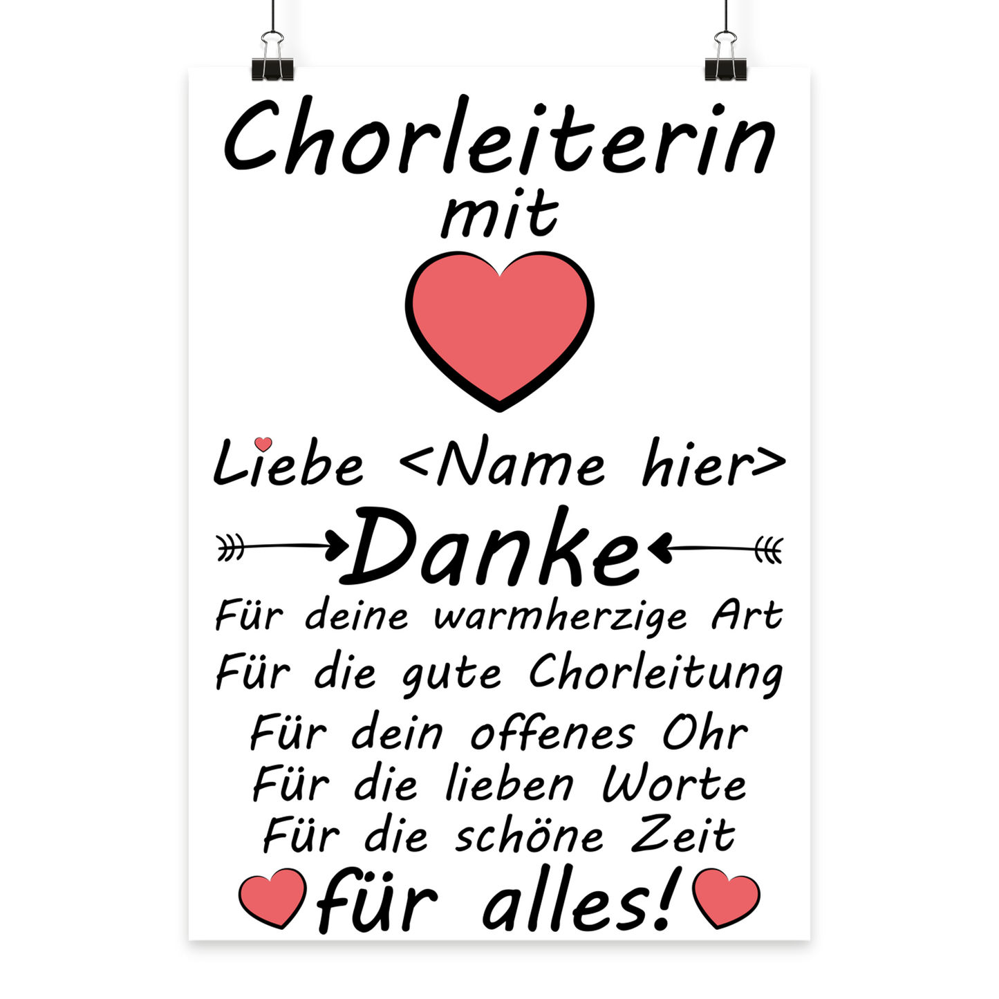 Personalisiertes Poster als Geschenk fuer Chorleiterin mit der Aufschrift Chorleiterin mit Herz Danke  perfekt fuer Choere, Gesangsvereine und Musikschulen als Anerkennung fuer musikalische Hingabe und besondere Erfolge.