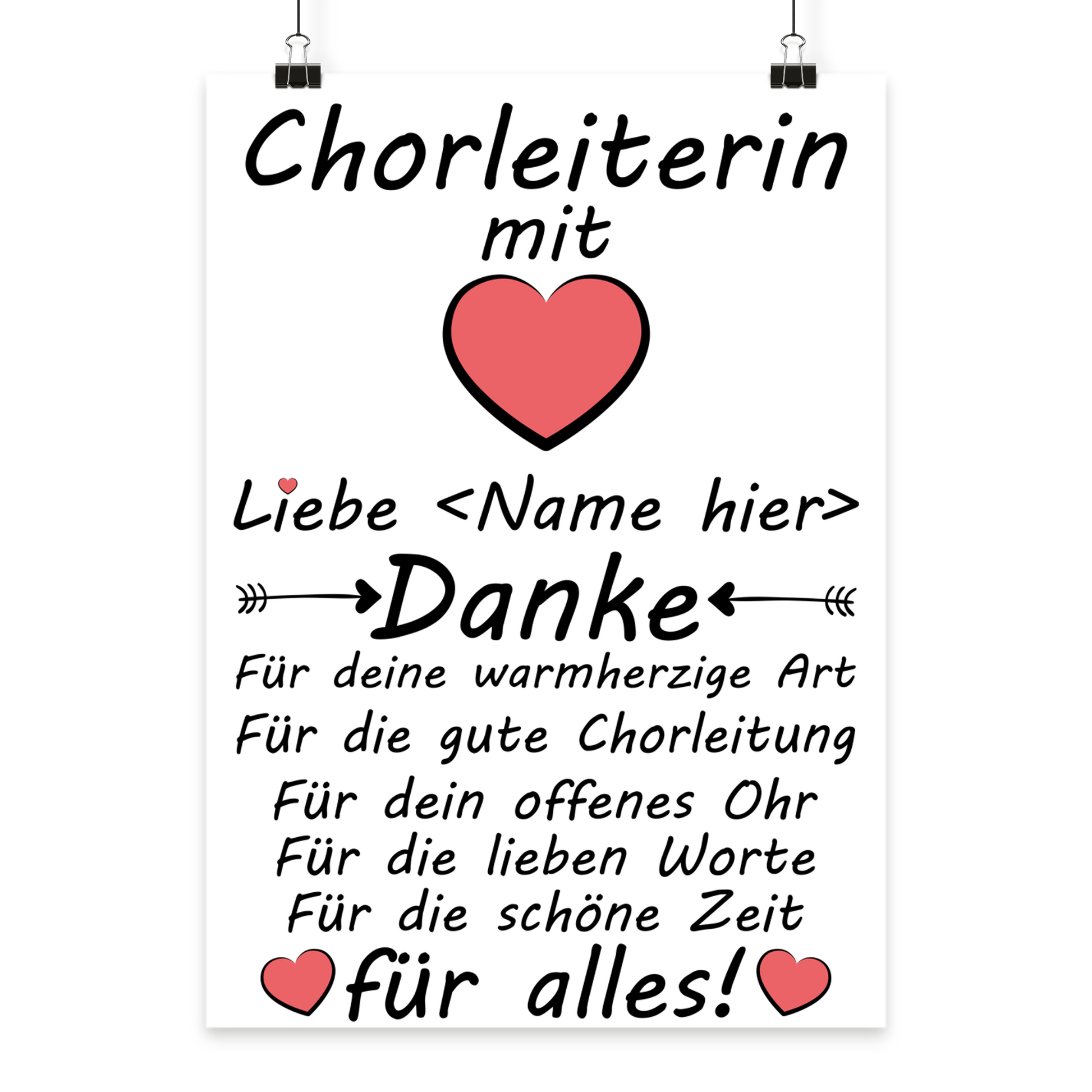 Personalisiertes Poster als Geschenk fuer Chorleiterin mit der Aufschrift Chorleiterin mit Herz Danke  perfekt fuer Choere, Gesangsvereine und Musikschulen als Anerkennung fuer musikalische Hingabe und besondere Erfolge.