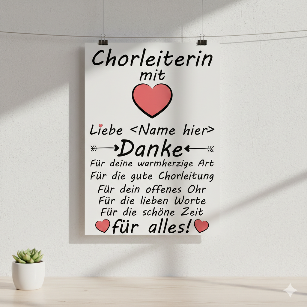 Personalisiertes Poster als Geschenk fuer Chorleiterin mit der Aufschrift Chorleiterin mit Herz Danke fuer alles im Format A3 hoch, ideal zum Abschied nach Konzertsaison, zum Geburtstag oder als Dankeschoen fuer langjährige Chorleitung, F
