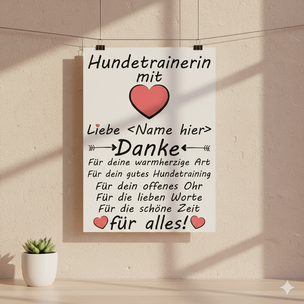 Personalisiertes Poster als Geschenk fuer Hundetrainerin mit der Aufschrift Hundetrainerin mit Herz Danke fuer alles im Format A3 hoch, als Anerkennung fuer engagierte Trainerinnen.