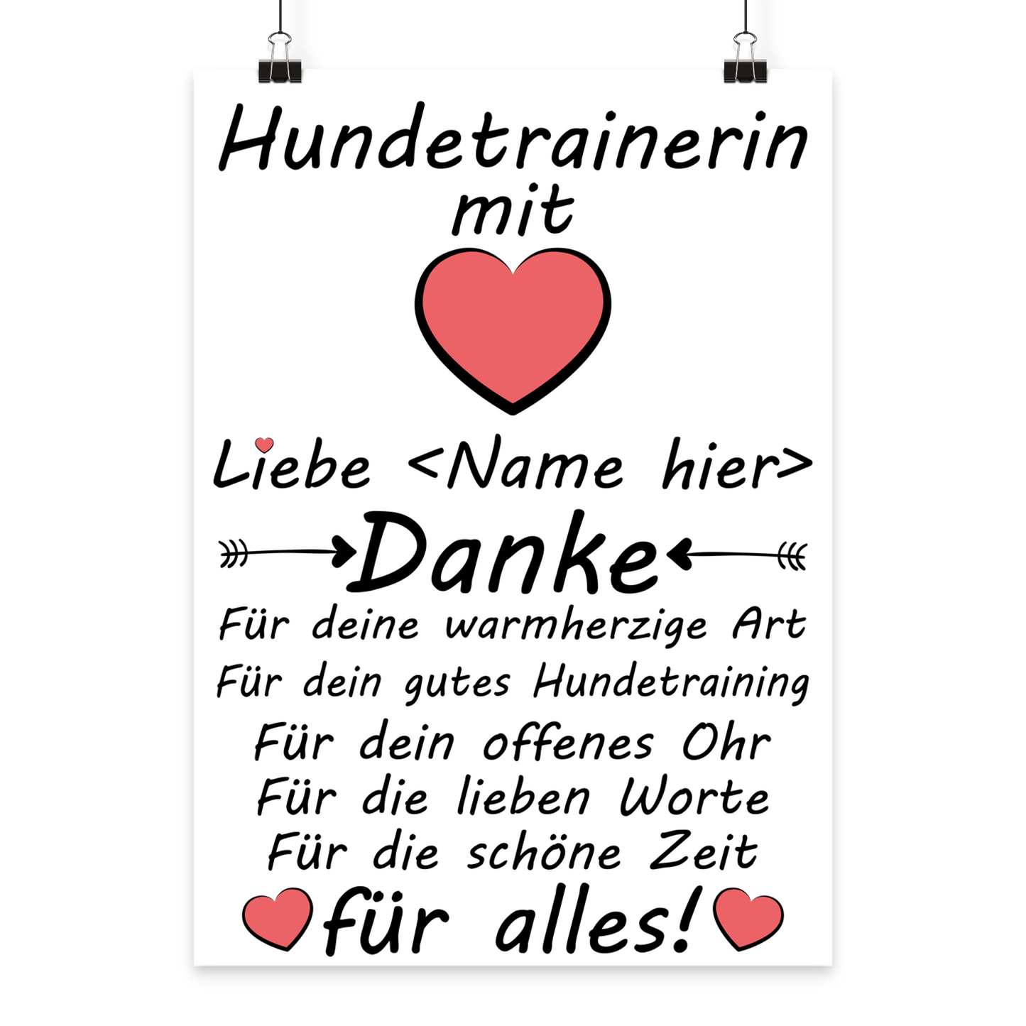 Personalisiertes Poster als Geschenk fuer Hundetrainerin mit der Aufschrift Hundetrainerin mit Herz Danke fuer alles im Format A3 hoch, ideal zum Abschied nach Welpentraining,