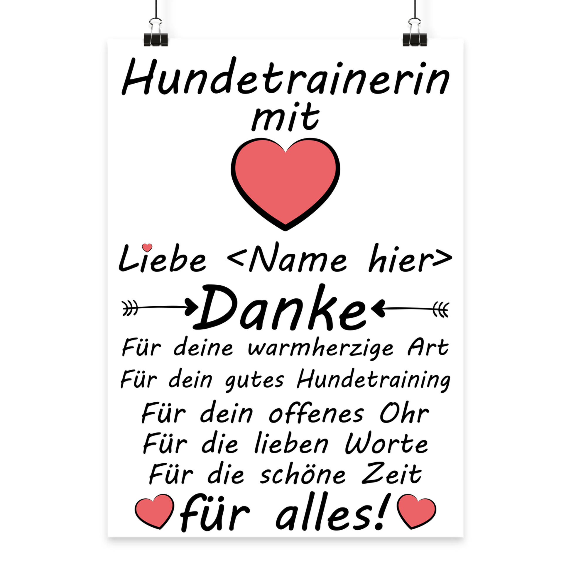 Personalisiertes Poster als Geschenk fuer Hundetrainerin mit der Aufschrift Hundetrainerin mit Herz Danke fuer alles im Format A3 hoch, ideal zum Abschied nach Welpentraining,