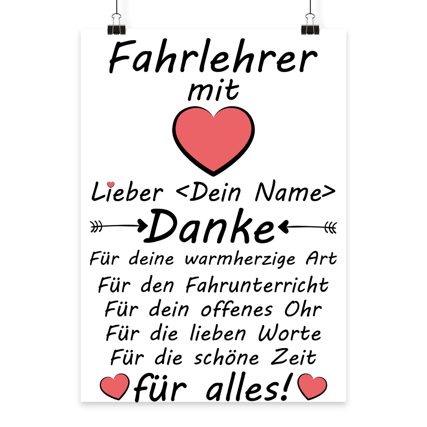 Personalisiertes A3 Poster für Fahrlehrer mit Namen. Fine-Art-Print als herzliches Abschiedsgeschenk nach der Fahrprüfung.