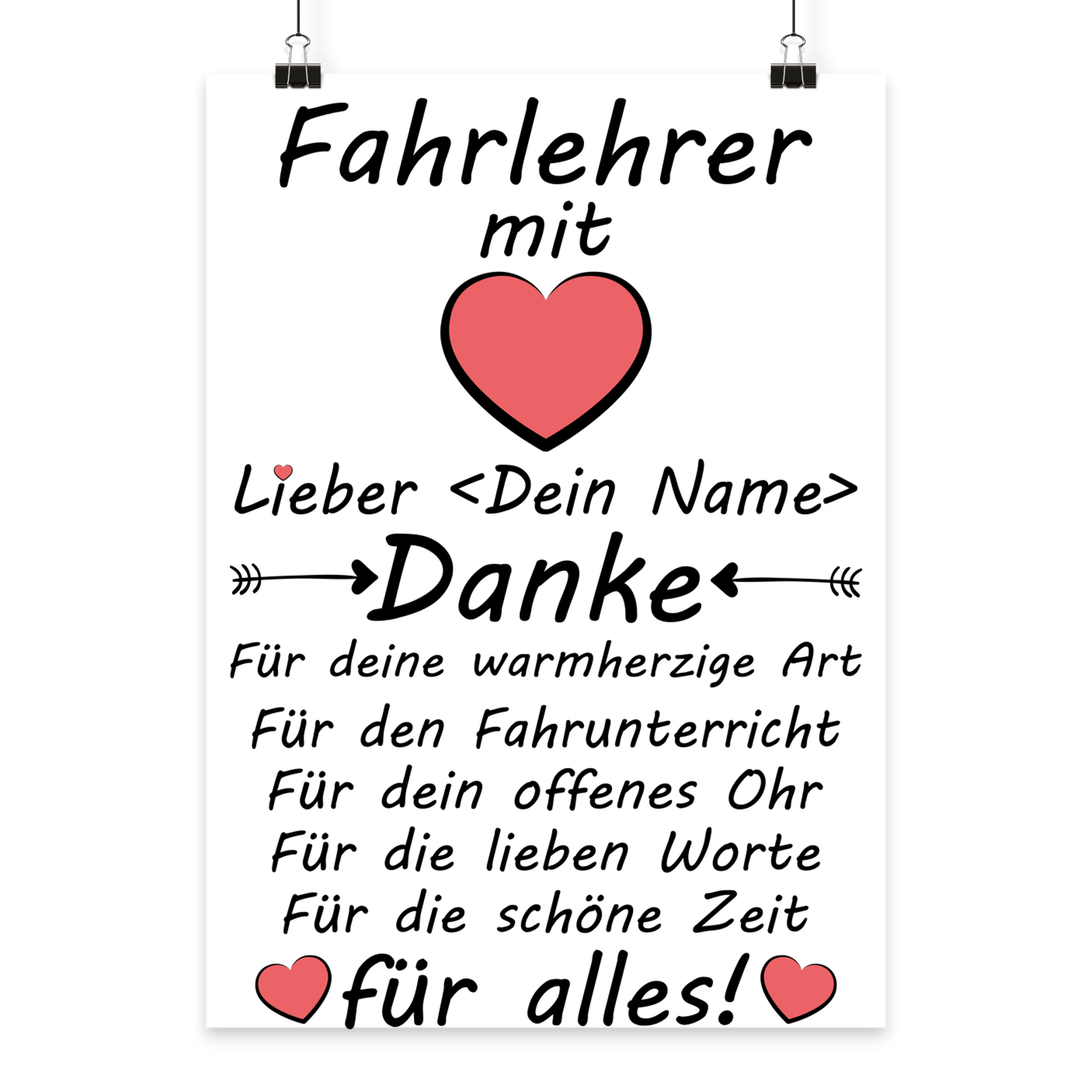 Personalisiertes A3 Poster für Fahrlehrer mit Namen. Fine-Art-Print als herzliches Abschiedsgeschenk nach der Fahrprüfung.