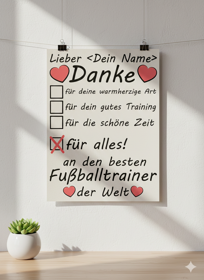Personalisiertes A3 Poster für Fußballtrainer mit Namen. Fine-Art-Print als herzliches Dankeschön für das Ehrenamt.
