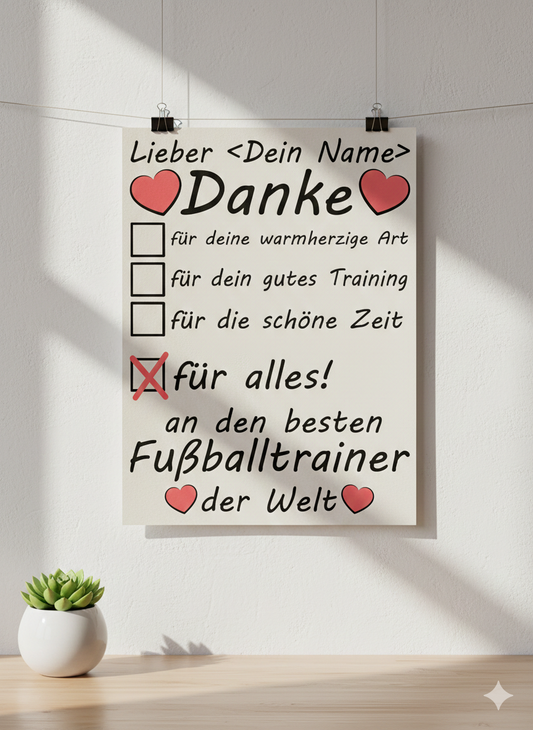 Personalisiertes A3 Poster für Fußballtrainer mit Namen. Fine-Art-Print als herzliches Dankeschön für das Ehrenamt.