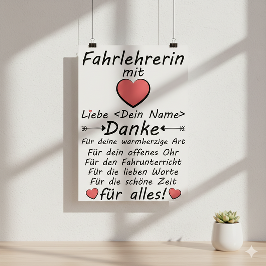 Personalisiertes A3 Poster für Fahrlehrerin mit Namen. Fine-Art-Print als herzliches Dankeschön nach bestandener Prüfung.