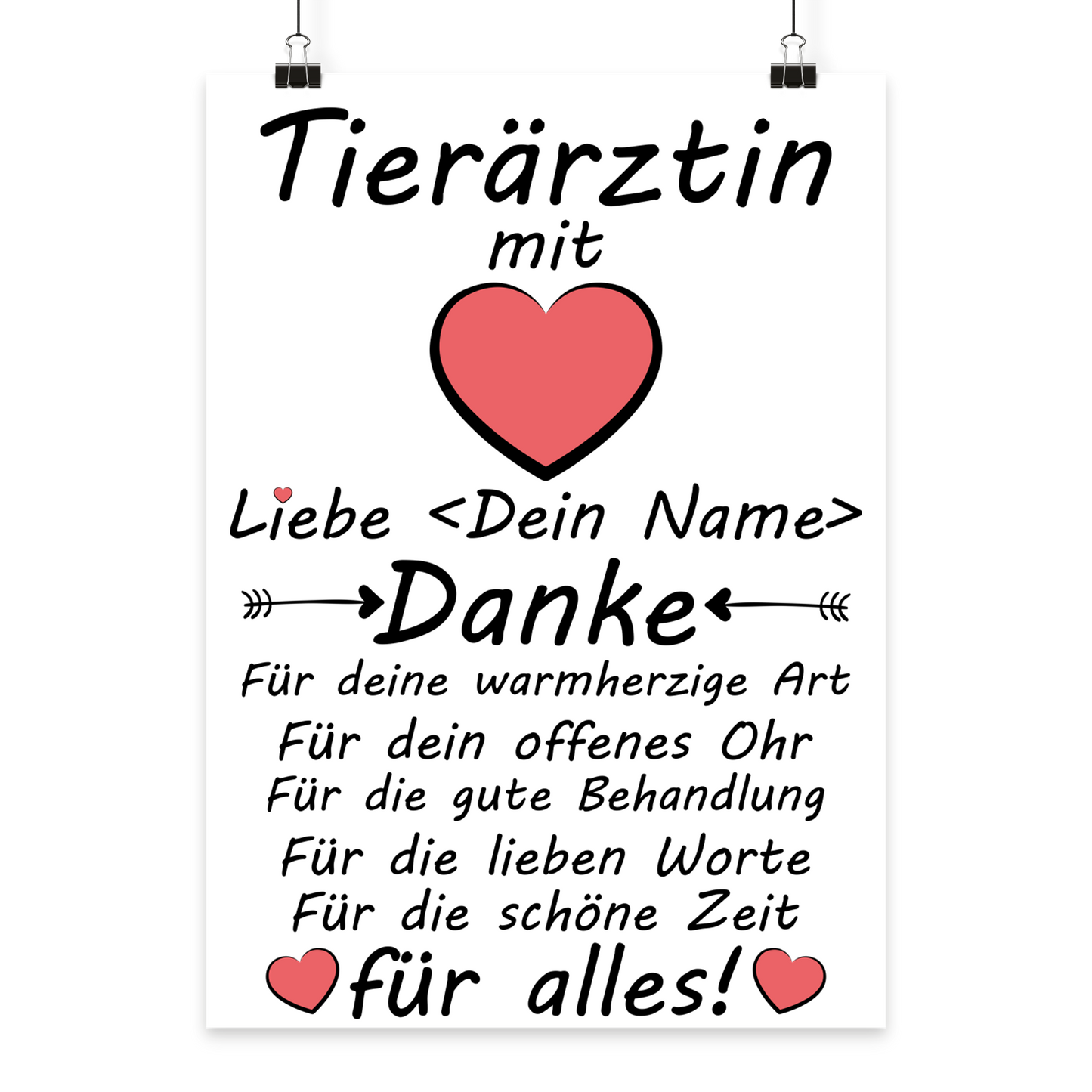 Personalisiertes Poster fuer Tieraerztin mit Herz-Design als Abschiedsgeschenk und Dankeschoen, Premium A3 Druck in Galeriequalitaet