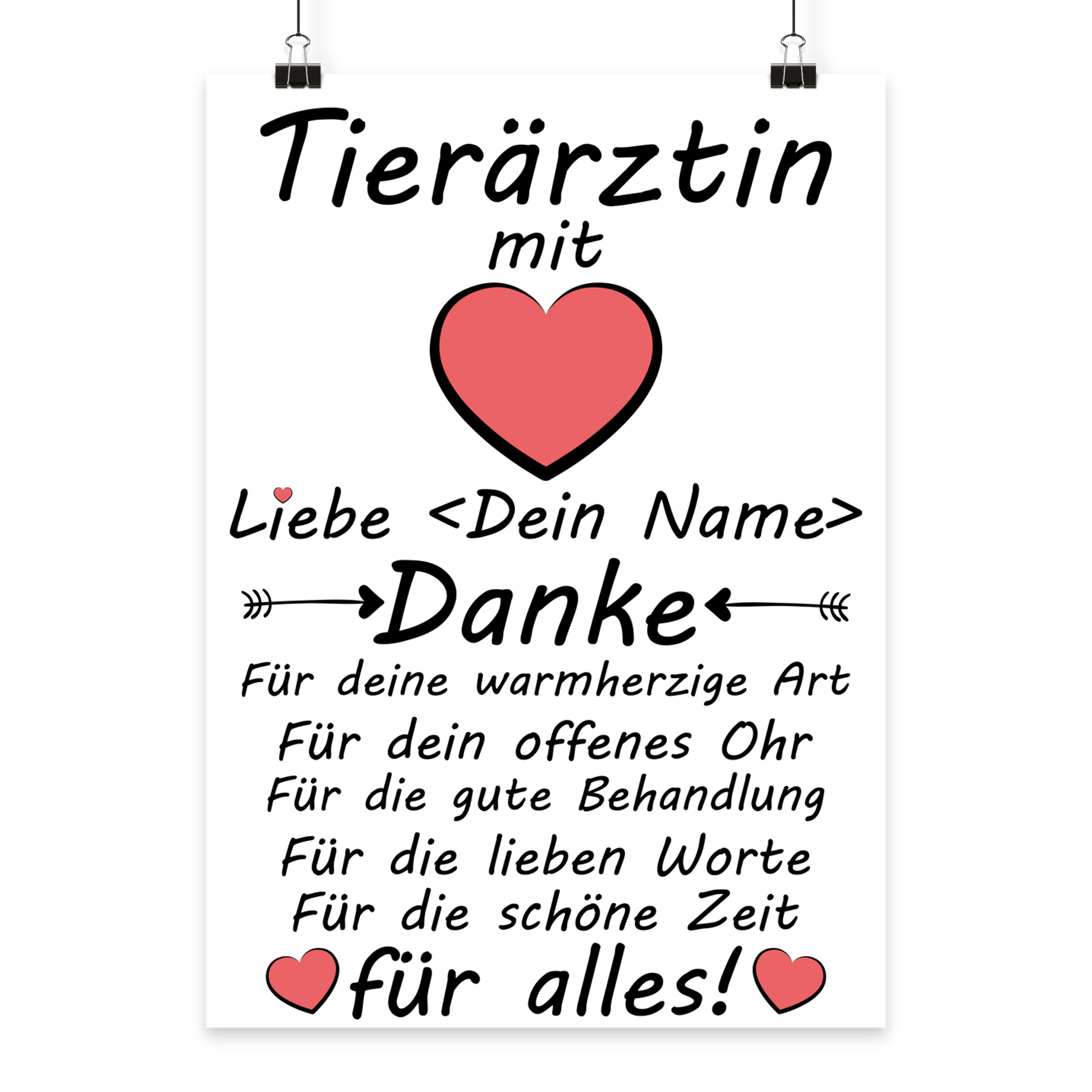 Personalisiertes Poster fuer Tieraerztin mit Herz-Design als Abschiedsgeschenk und Dankeschoen, Premium A3 Druck in Galeriequalitaet