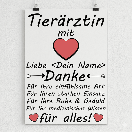 Personalisiertes Poster als Dankeschoen Geschenk fuer Tieraerztin – mit Name und Widmung, zeitlos gestaltet.