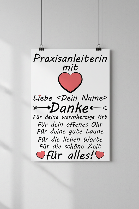 Personalisiertes Danke Poster fuer Praxisanleiterin in A3 Format, Fine-Art-Print in Galeriequalitaet mit Namen, ideales Geschenk zum Abschluss der Ausbildung, Ende des Praktikums oder als Abschiedsgeschenk, hochwertiger Galeriedruck auf 180 Gramm Papier mit seidenmattem Finish
