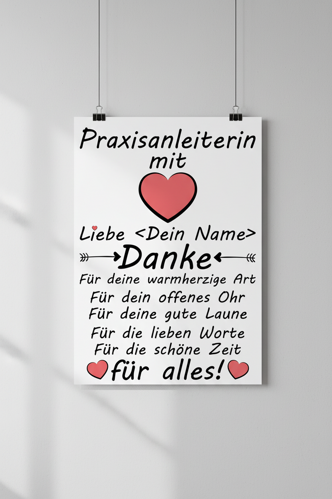 Personalisiertes Danke Poster fuer Praxisanleiterin in A3 Format, Fine-Art-Print in Galeriequalitaet mit Namen, ideales Geschenk zum Abschluss der Ausbildung, Ende des Praktikums oder als Abschiedsgeschenk, hochwertiger Galeriedruck auf 180 Gramm Papier mit seidenmattem Finish
