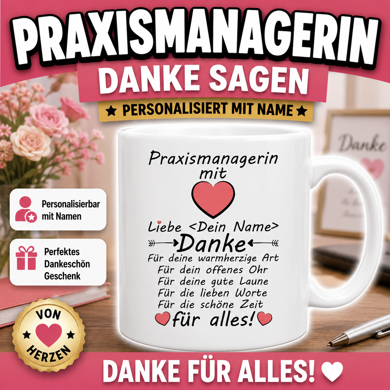 Personalisierte Praxismanagerin Tasse als Dankeschön Geschenk mit Namen und Danke-Spruch