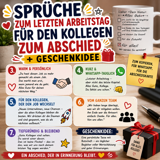 Kostenlose Sprüche ZUM LETZTEN ARBEITSTAG FÜR DEN KOLLEGEN ZUM ABSCHIED + GESCHENKIDEE für Whatsapp oder Karte schreiben