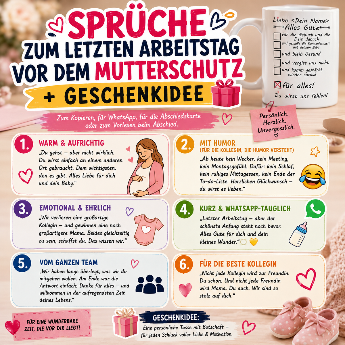 SPRÜCHE ZUM LETZTEN ARBEITSTAG VOR DEM MUTTERSCHUTZ + GESCHENKIDEE für die Kollegin Zum Kopieren, für WhatsApp, für die Abschiedskarte oder zum Vorlesen beim Abschied