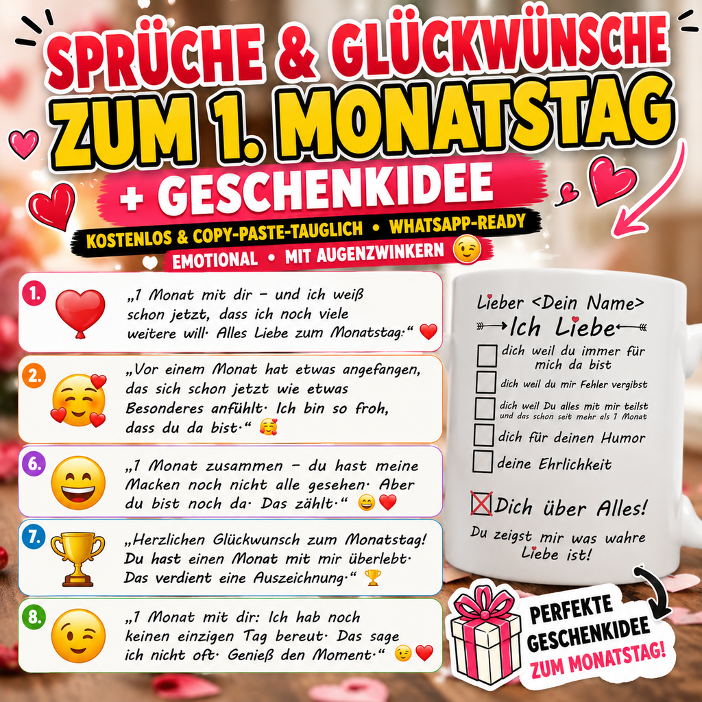SPRÜCHE &amp; GLÜCKWÜNSCHE ZUM 1. MONATSTAG + GESCHENKIDEE .Kostenlos & Copy-paste-tauglich · WhatsApp-Text ready